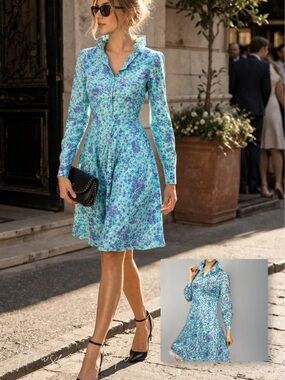 Vintage Blue Floral Knee Length Button Down Feminine Party Dress. Wedding Guest